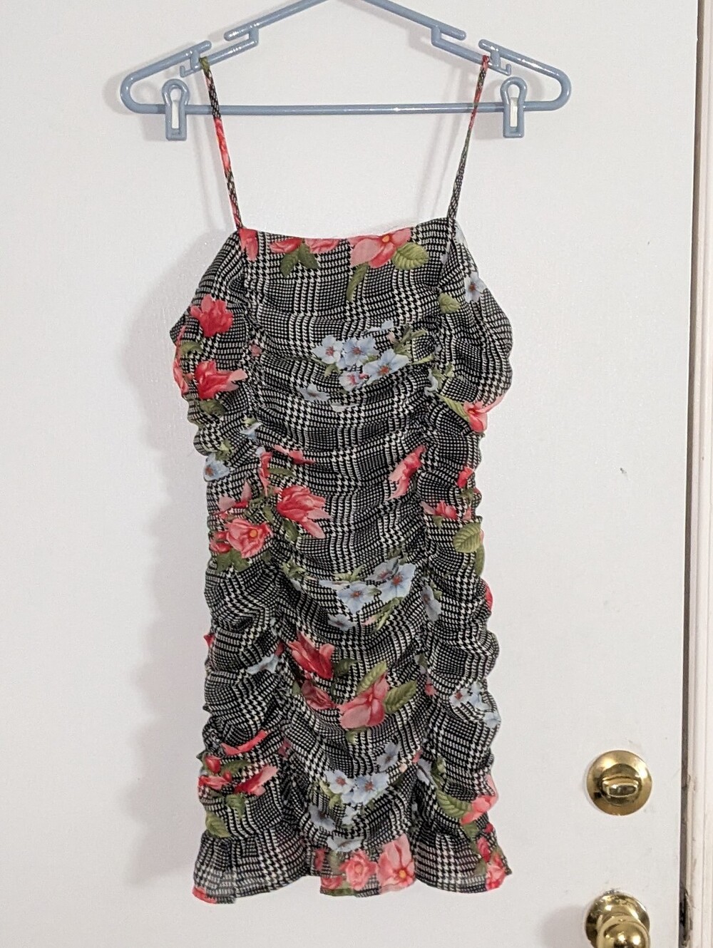 Floral Houndstooth Ruched Mini Dress Spaghetti Strap Plaid Bodycon Small